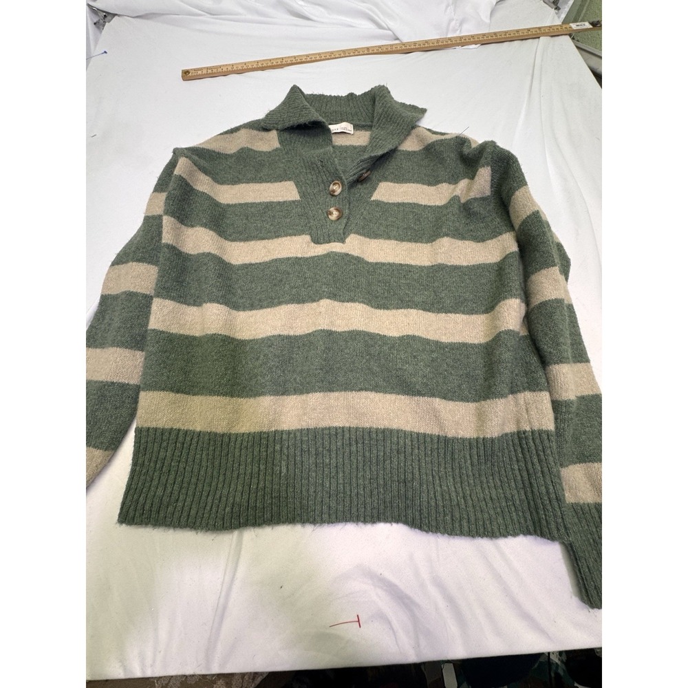 Becool Green Stripe Knit Sweater Women's Size S/M 1/4 Button Preppy Crop Long So